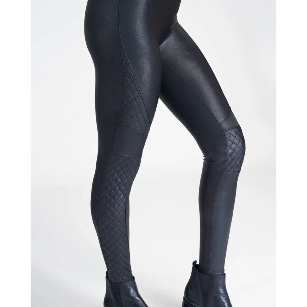 SPANX Black Quilted Moto Faux Vegan Leather Pleather Pull On Leggings SIZE XS